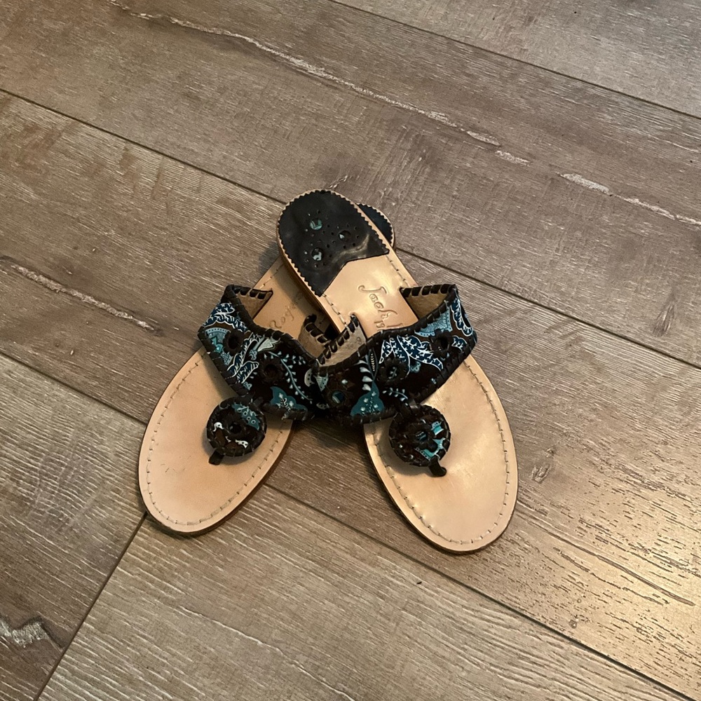 Jack Rogers Classic Sandals. Chocolate Brown and Teal Floral. Size 8M.
